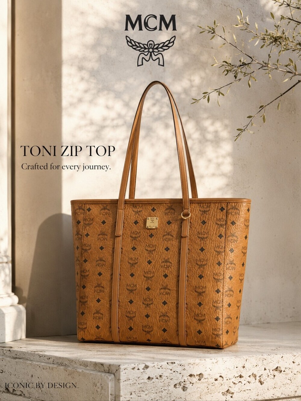 MCM Toni Top-Zip Shopper in Visetos-Cognac